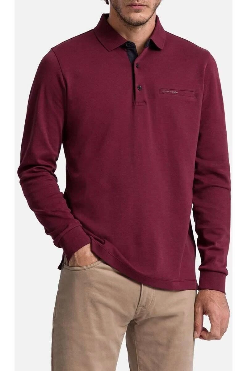 Pierre Cardin Modern Fit Longsleeve Poloshirt Weinrot, Einfarbig 3 Pierre Cardin Modern Fit Longsleeve Poloshirt Weinrot, Einfarbig
